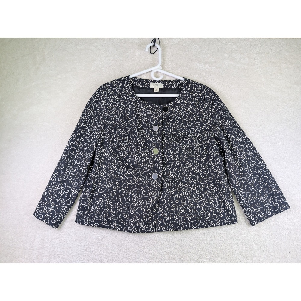 Ann Taylor Loft Navy Blue Swirl Scroll Button Front Blazer Jacket Womens 12